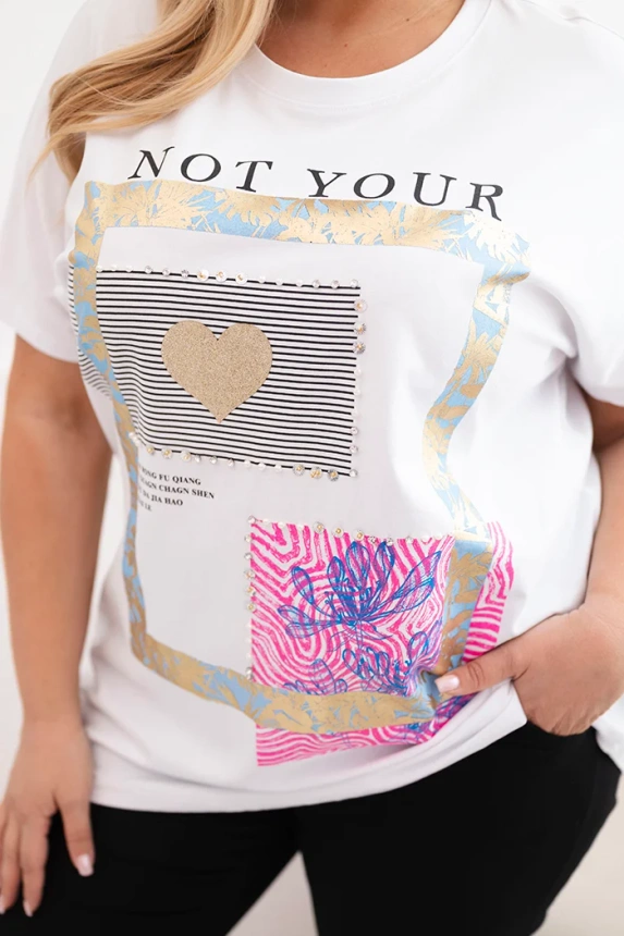 Women's cotton Plus Size blouse with gold print white + blue