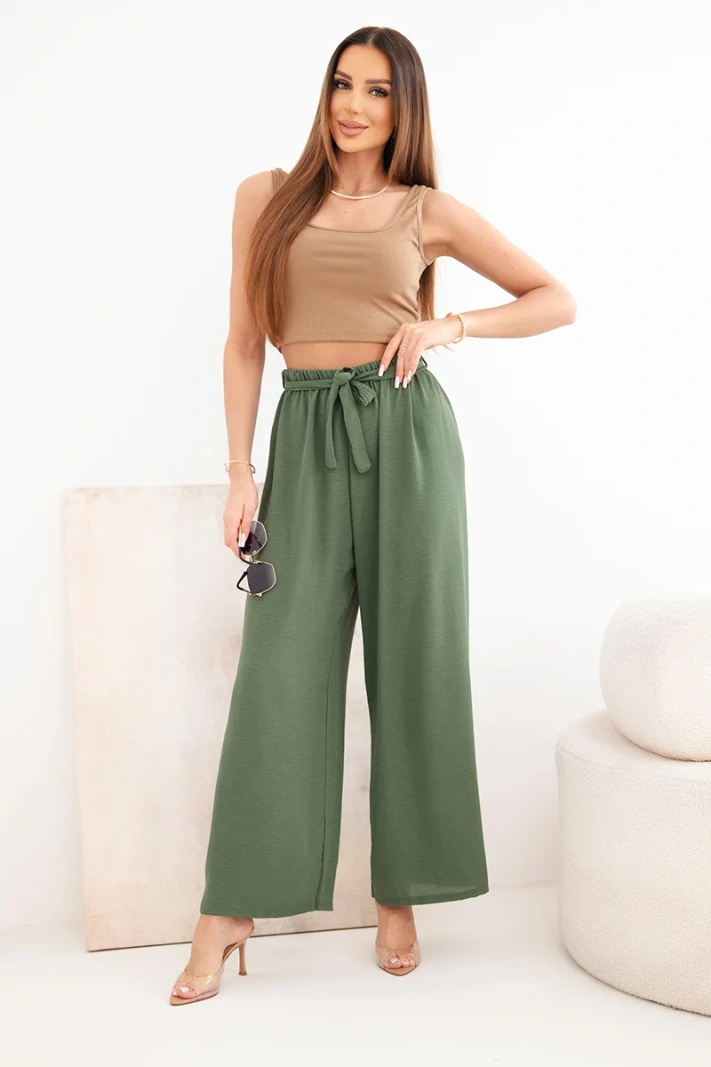 Trousers with a wide waistband and a tie at the waist khaki
