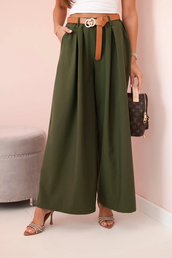 Pants with a belt and wide legs - khaki