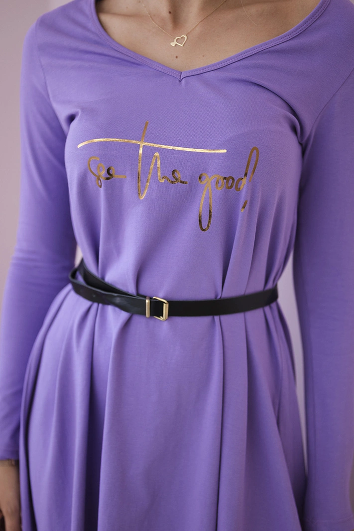Dress with a decorative belt and an inscription purple