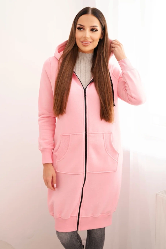 Long insulated sweatshirt with a hood light pink
