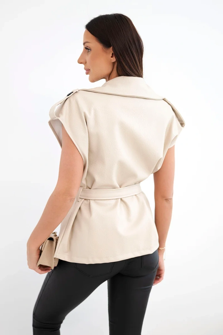 Women's faux leather vest with belt beige