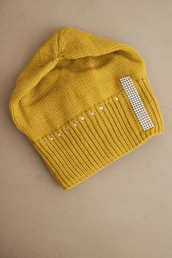 Women's winter wool hat with rhinestones K453 mustard