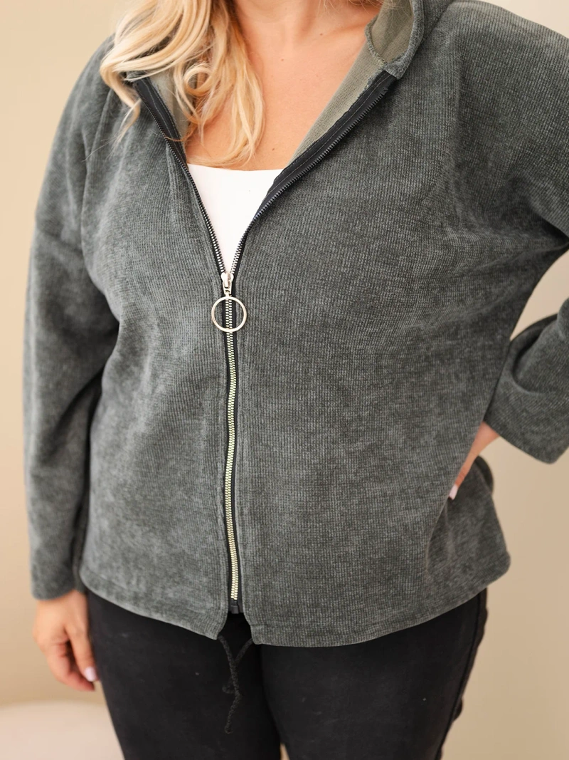 Dámská oversized plus size manšestrová mikina s kapucí a zipem khaki