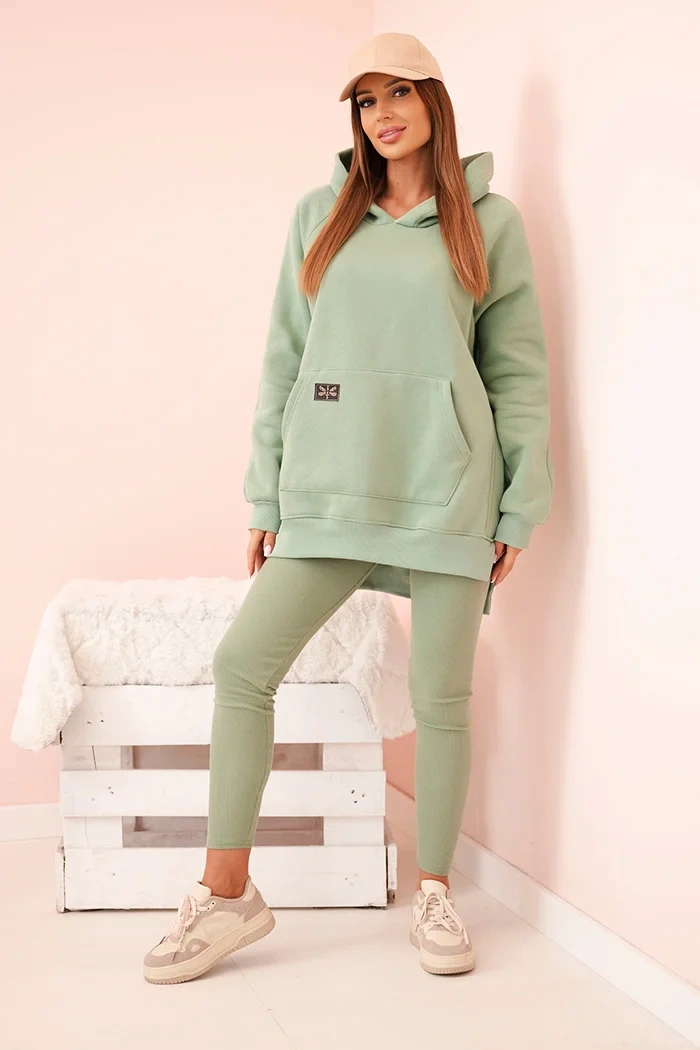 Women's cotton set with a hooded sweatshirt and high-waisted leggings dark mint