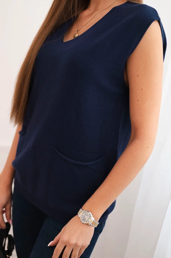 Dámský viskózový svetr bez rukávů s kapsami a výstřihem do V modrý