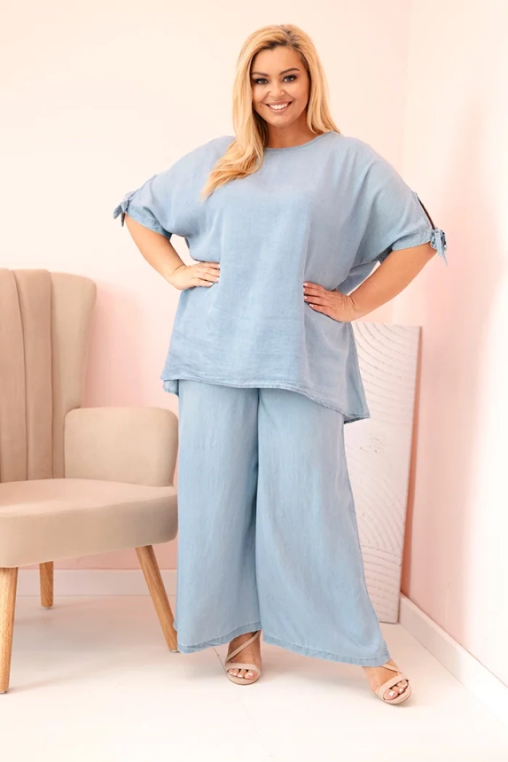 Plus Size women's set made of Tencel, tie-front blouse and wide-leg pants light denim