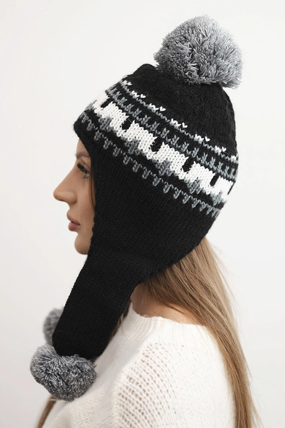 Women's winter wool hat with ear flaps and pom-poms K436 black + graphite