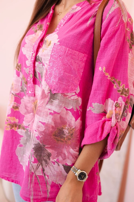 Damenbluse aus Baumwolle mit Blumenmuster und Knöpfen rosa
