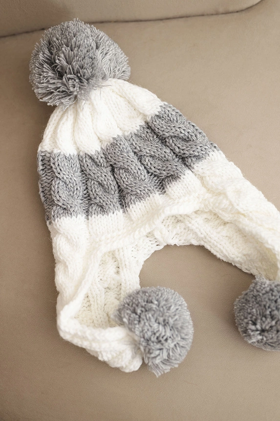 Women's winter wool hat with pom-poms and ear flaps K447 white + gray
