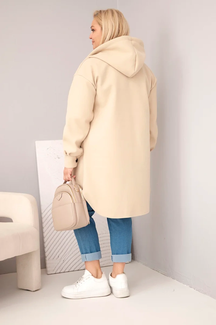 Plus-Size-Damenmantel mit Kapuze und Knopfverschluss dunkelbeige