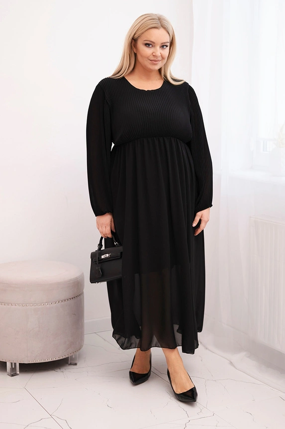 Damen Plus Size Faltenkleid aus Viskose mit langen Ärmeln schwarz