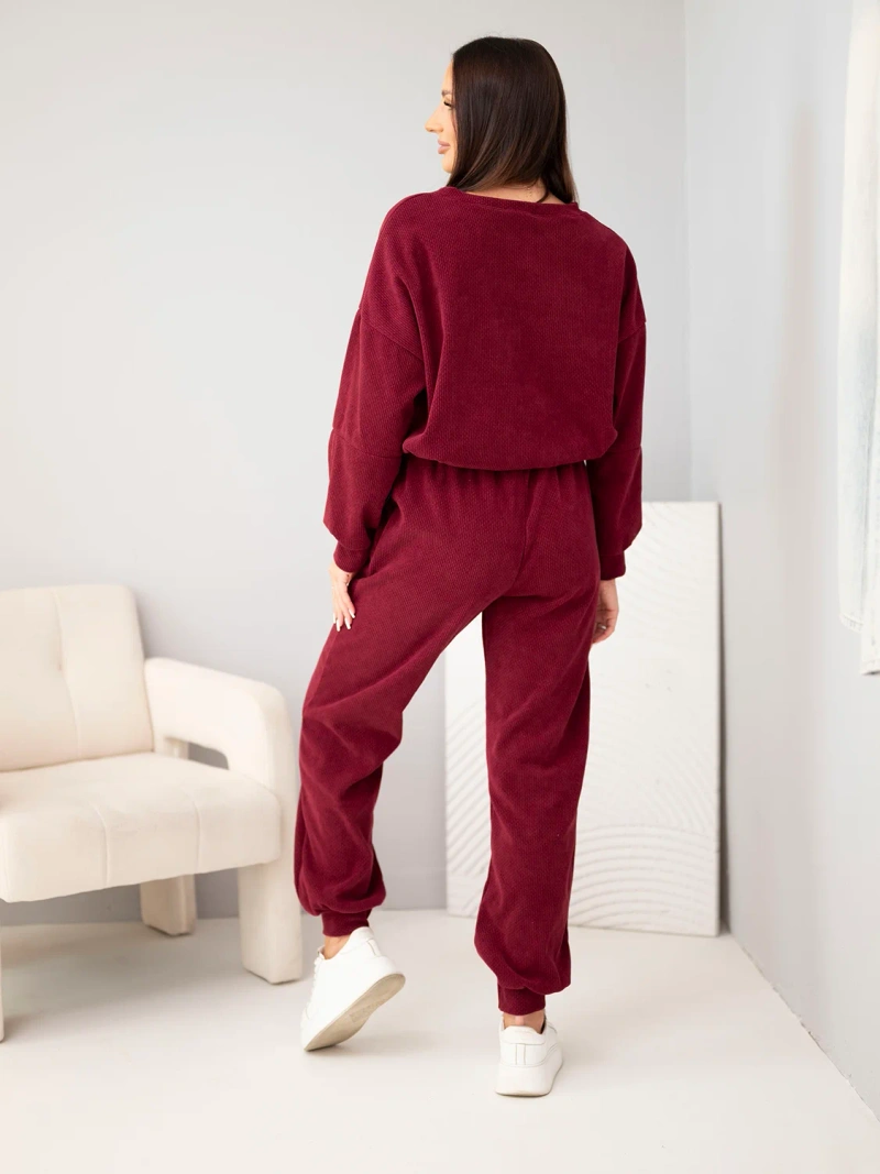 Damen-Set aus geripptem Viskose mit Sweatshirt und Jogginghose mit Bündchen bordeaux