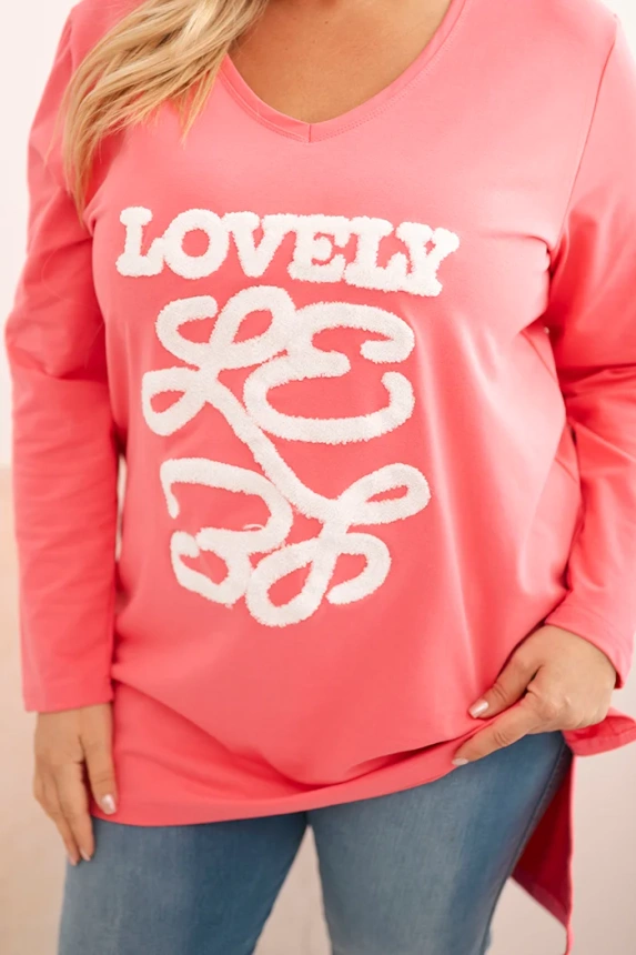 Women's Plus Size cotton blouse with a print and V-neck pink