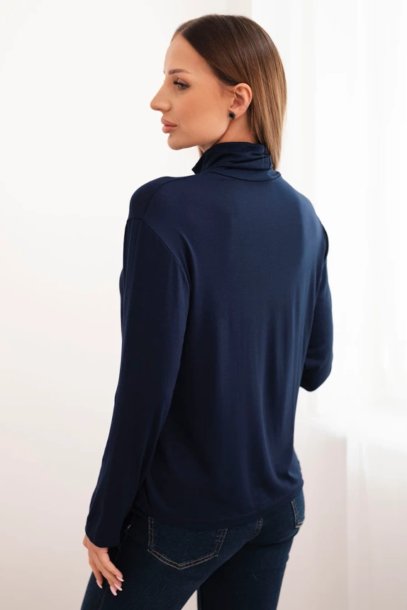 Women's viscose blouse with a turtleneck and long sleeves navy blue