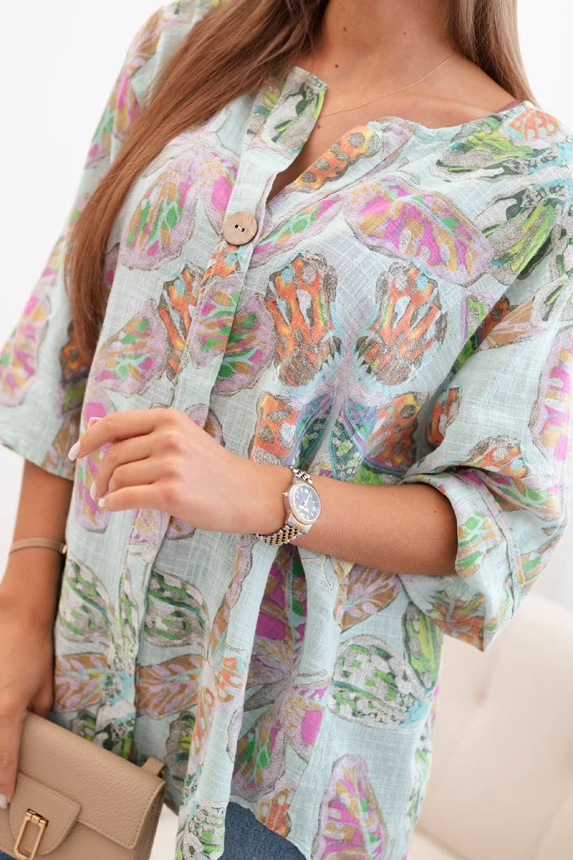 Women's cotton blouse with a butterfly pattern and buttons - mint