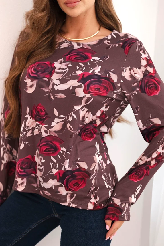 Damenbluse aus Viskose mit langen Ärmeln in Blumenmuster braun