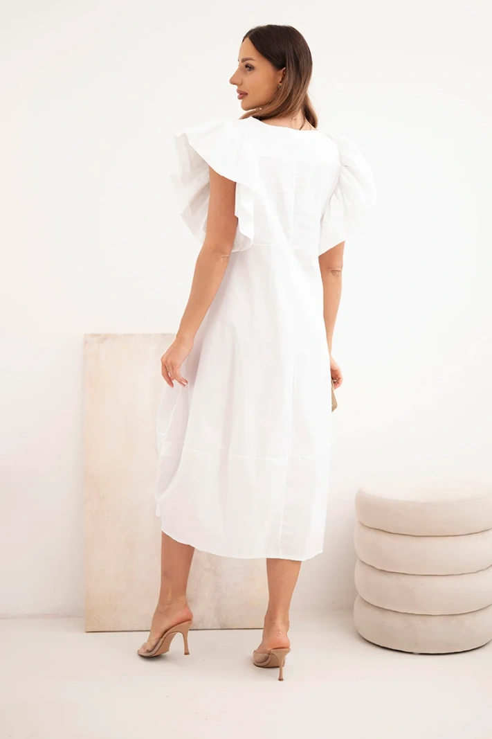 Women's cotton dress with ruffled sleeve white