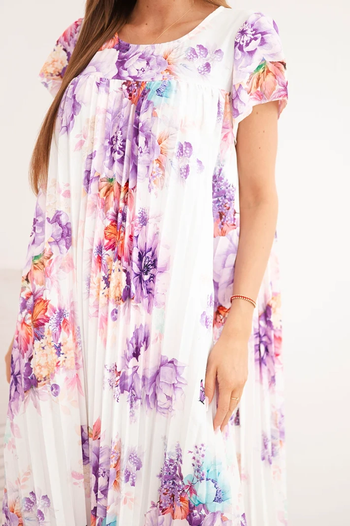 Women's viscose floral dress with short sleeves and pockets purple
