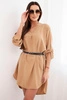 Dress with a longer back and a belt light camel