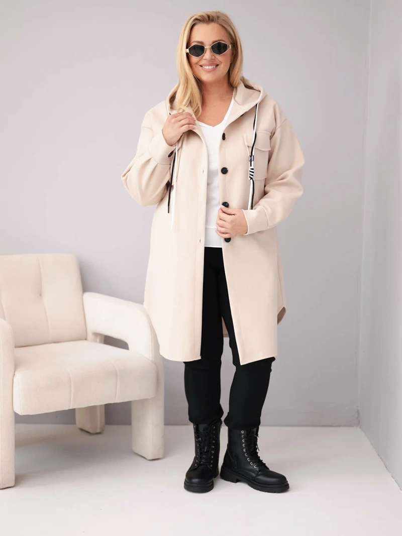 Dámsky kabát Plus Size s kapucňou zapínaný na gombíky béžový