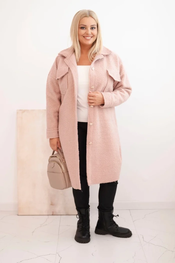 Damenmantel Plus Size aus Wolle mit Knöpfen, Taschen und Kragen puderrosa
