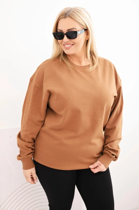 Damenpullover Plus Size aus Baumwolle basic mit Rundhalsausschnitt camel