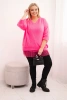 Damen Komplettset mit V-Ausschnitt Pullover und Viskosebluse mit Spitzenboden neonrosa