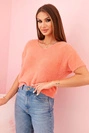 Women's sweater made of soft fluff with a V-neck and short sleeves salmon