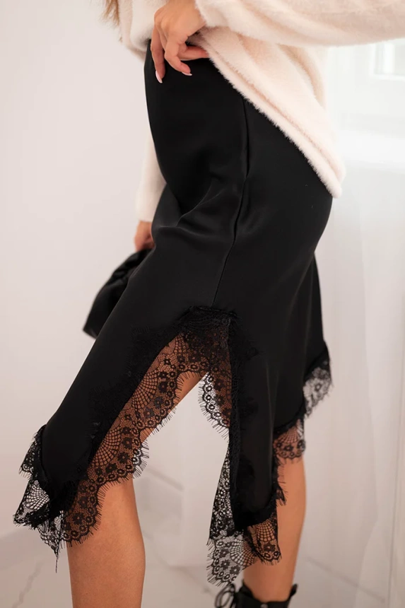 Damenrock aus Viskose mit Spitze und asymmetrischem Saum schwarz