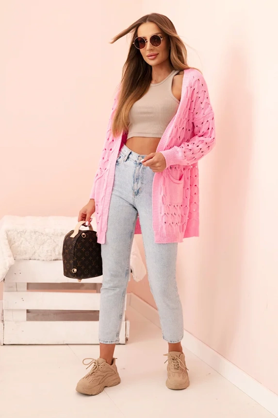 Women's openwork cardigan with pockets light pink