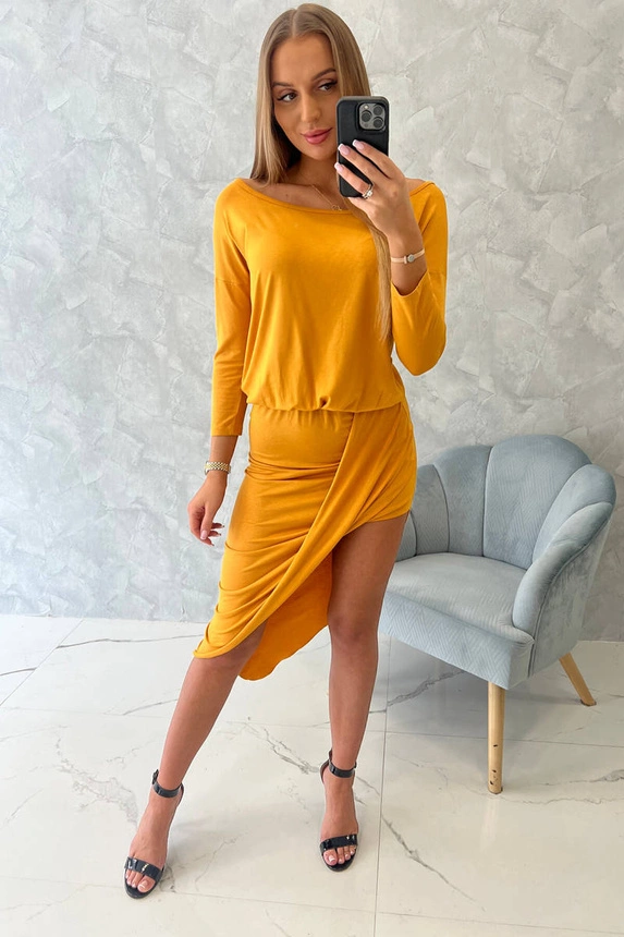 Asymmetric dress, 3/4 sleeve mustard