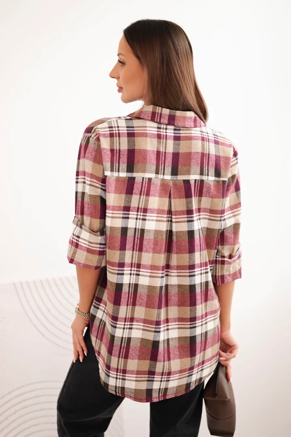 Women's cotton checkered shirt with a longer back beige