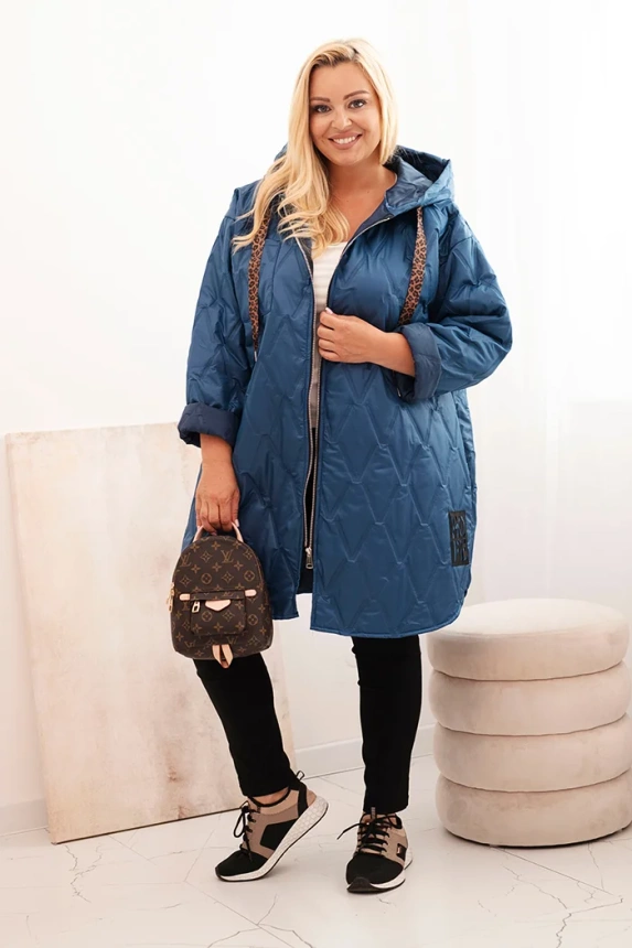 Dámska bunda Plus Size prešívaná s kapucňou a nápisom HOPE džínová