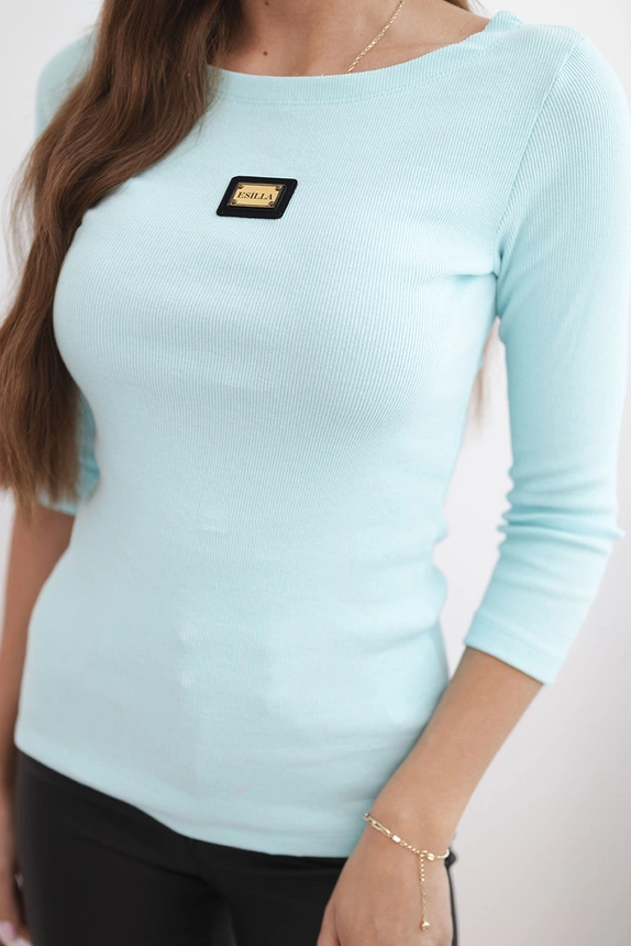 Women's ribbed blouse with 3/4 sleeves and decorative patch mint