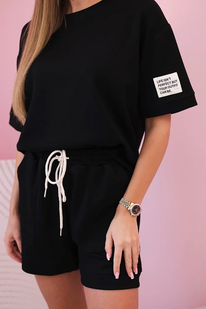 Butterfarbenes Damen-Set mit hoch taillierten Shorts schwarz