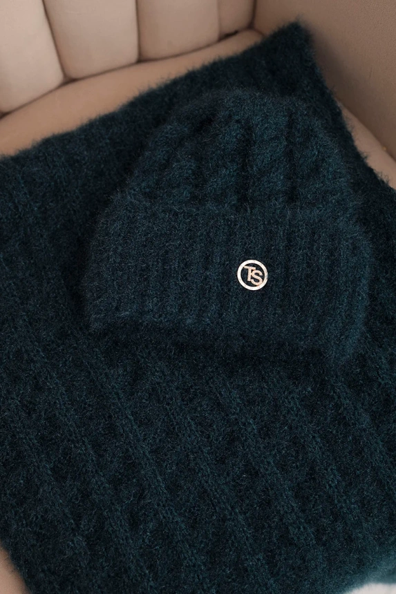 Women's set hat and scarf ribbed with decoration sea green