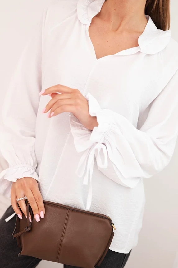 Women's viscose blouse with a V-neck and tie at the sleeves white