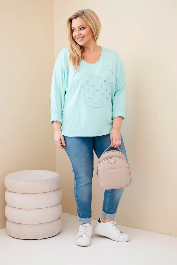 Dámska bavlnená blúzka Plus Size s V výstrihom mätová