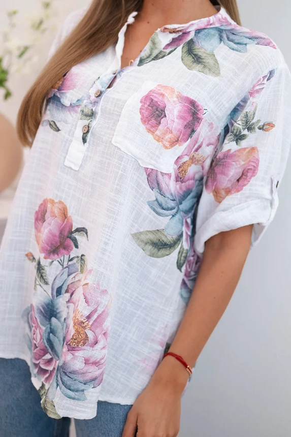 Damenbluse aus Baumwolle mit Blumenmuster weiß