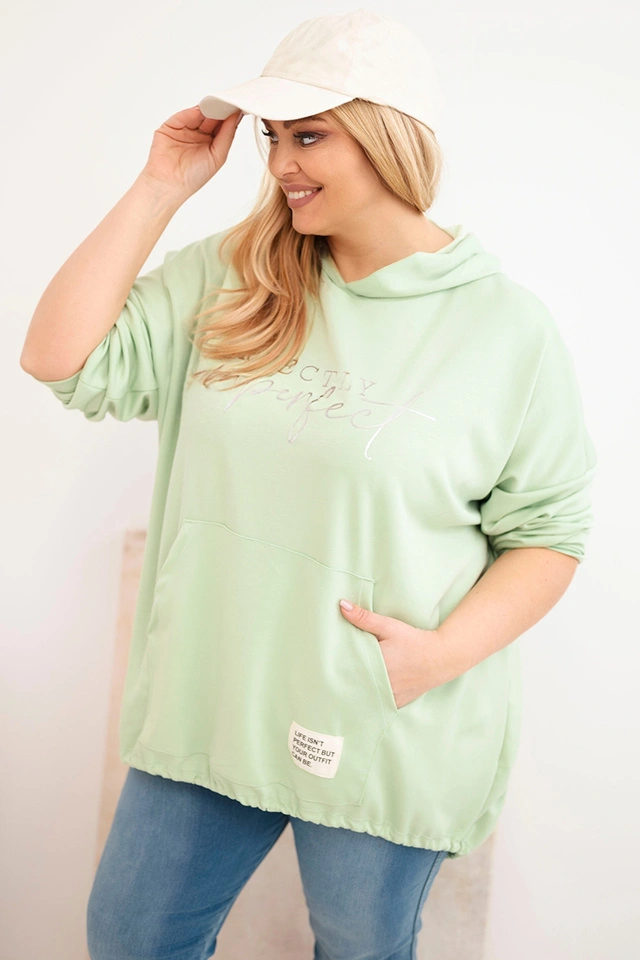 Bluza damska Plus Size masełko z kapturem i nadrukiem miętowa