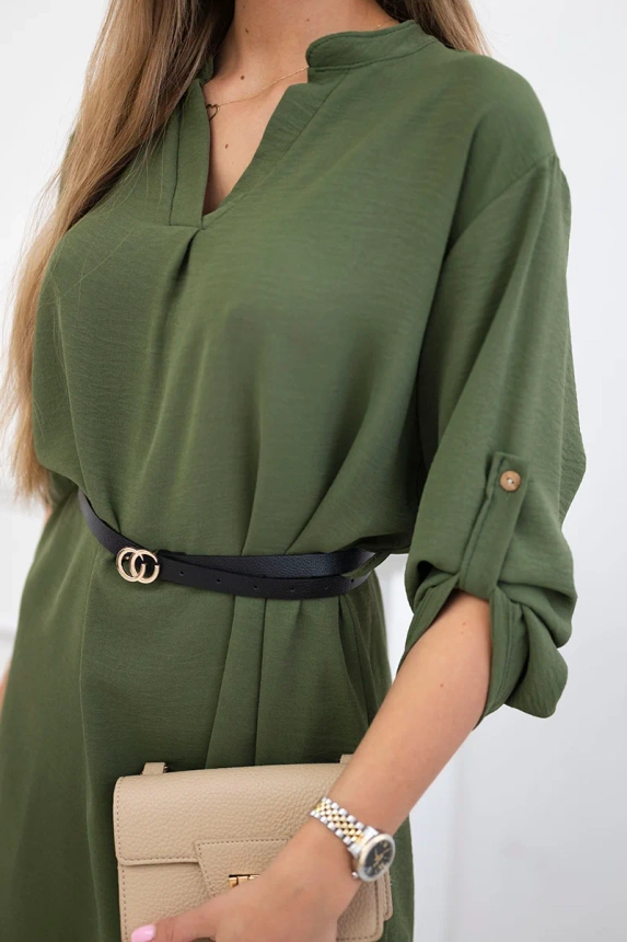 Dress with longer back and belt khaki