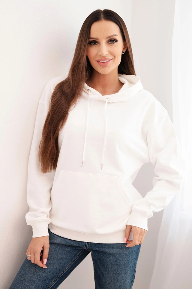 Bluza damska pętelkowa bawełniana z kapturem i kieszenią kangurką biała
