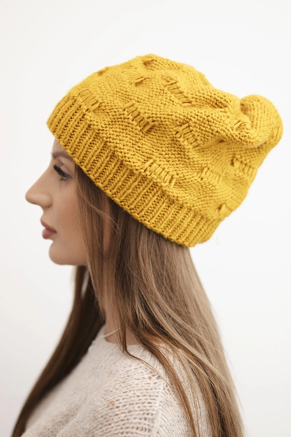 Women's winter hat made of wool with decorative weave K451 mustard