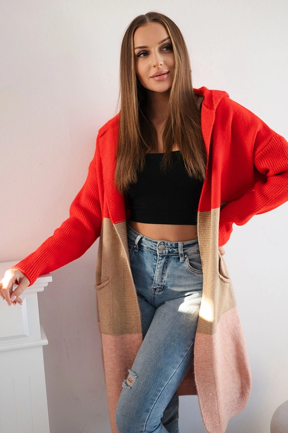 Striped hooded cardigan sweater red+camel+powder pink
