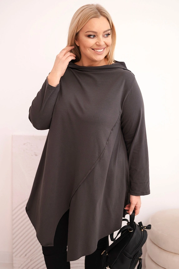 Damenbluse aus Baumwolle Plus Size asymmetrisch mit umgeschlagenem Ärmel grau