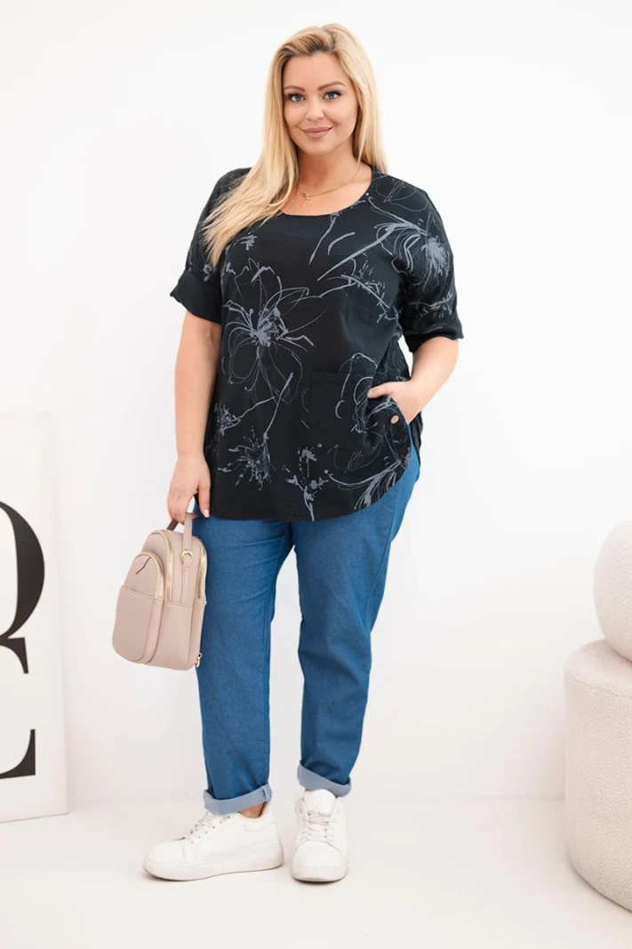 Women's cotton Plus Size blouse with short sleeve and pocket black
