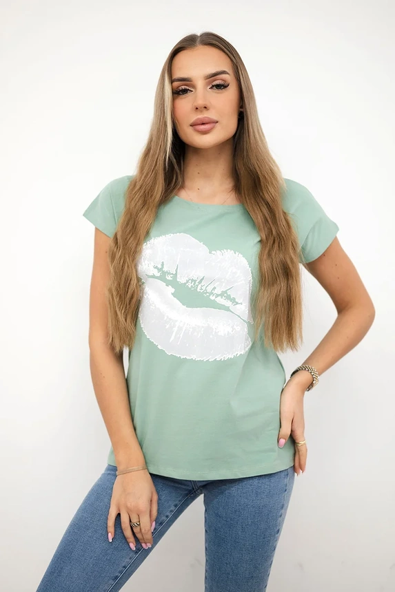Blouse with lips print dark mint