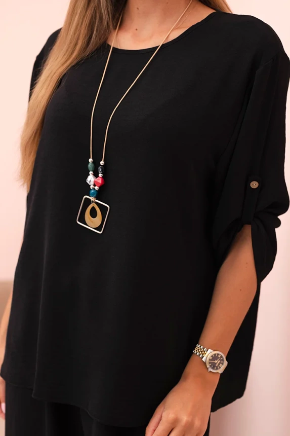 Women's set with a blouse with a necklace and wide pants black