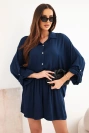 Women's viscose set with a button-up blouse and loose shorts navy blue